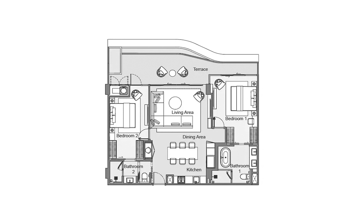 Apartment floor plan, 2 bedrooms in Laguna Beach Residences Bayside No. 11007
